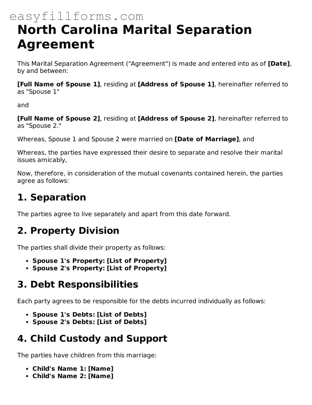 Valid  Marital Separation Agreement Template for North Carolina