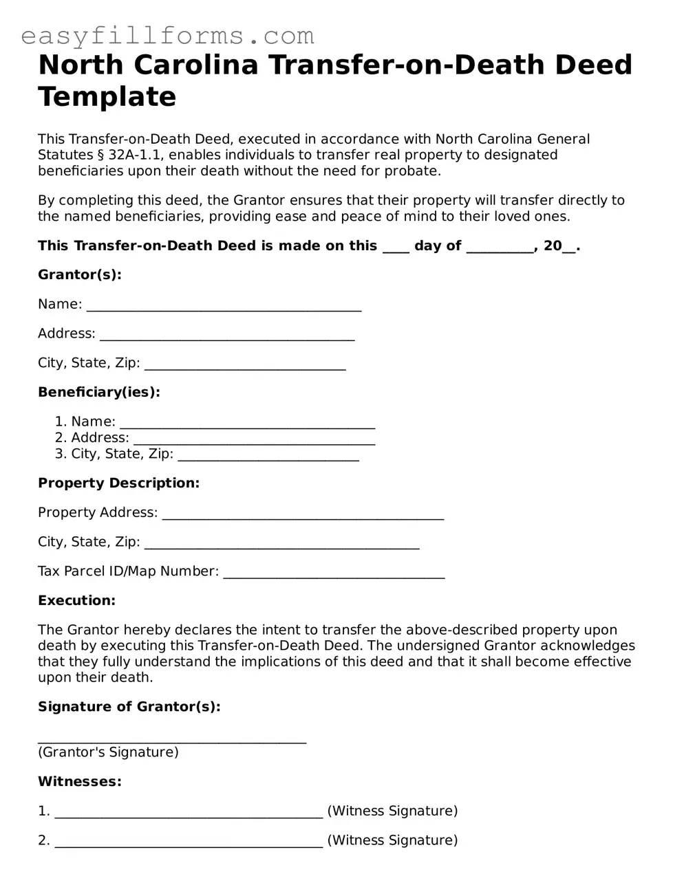 Valid  Transfer-on-Death Deed Template for North Carolina