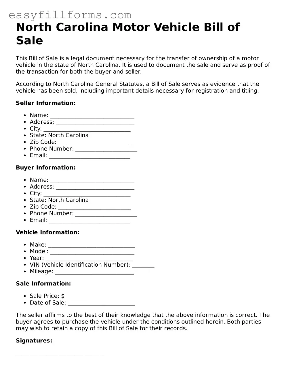 Valid  Motor Vehicle Bill of Sale Template for North Carolina