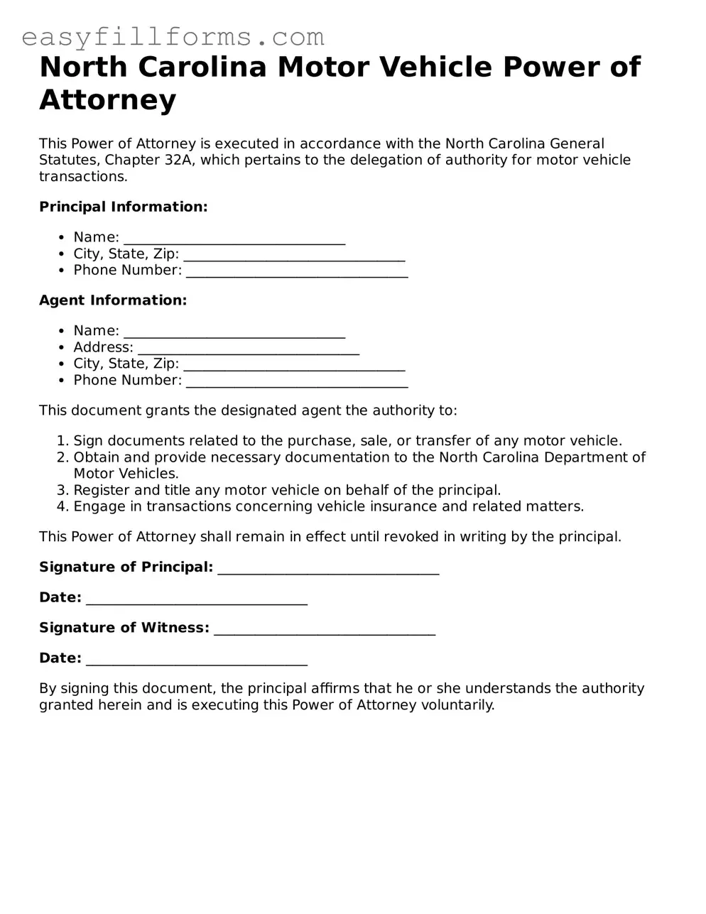Valid  Motor Vehicle Power of Attorney Template for North Carolina