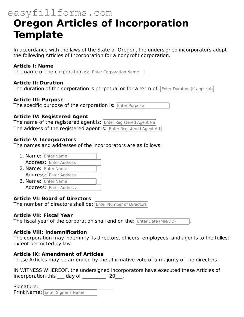 Valid  Articles of Incorporation Template for Oregon