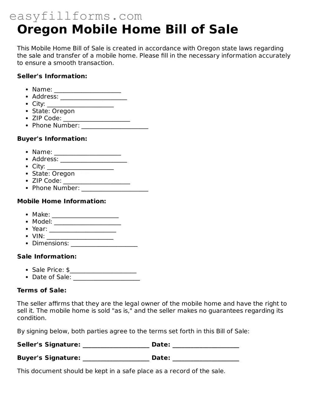 Valid  Mobile Home Bill of Sale Template for Oregon