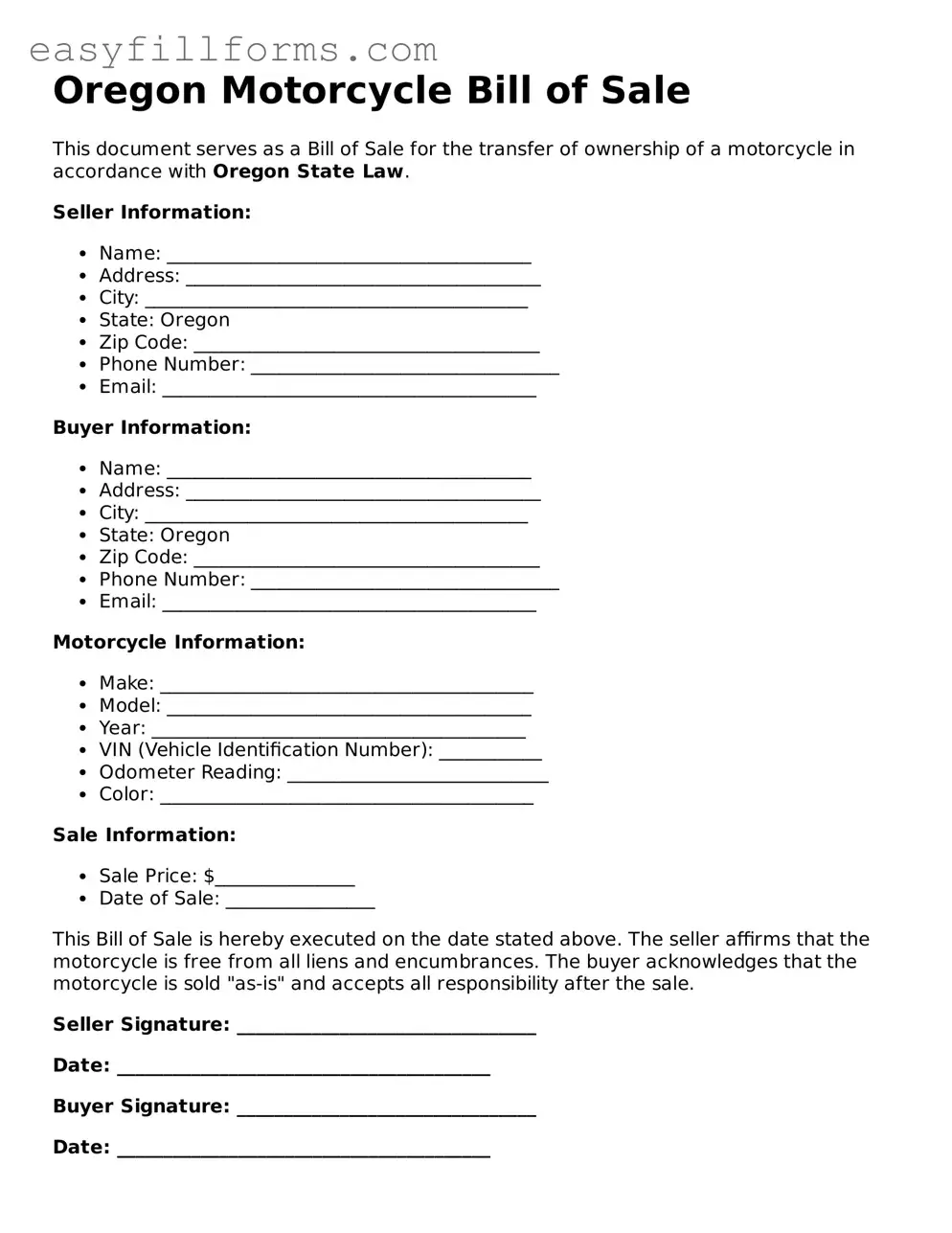 Valid  Motorcycle Bill of Sale Template for Oregon