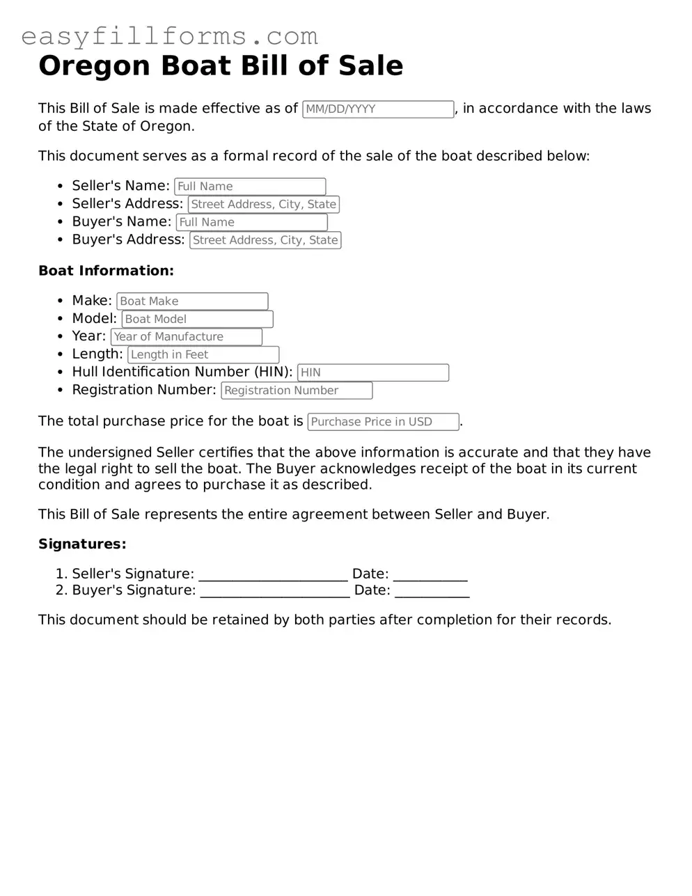 Valid  Boat Bill of Sale Template for Oregon