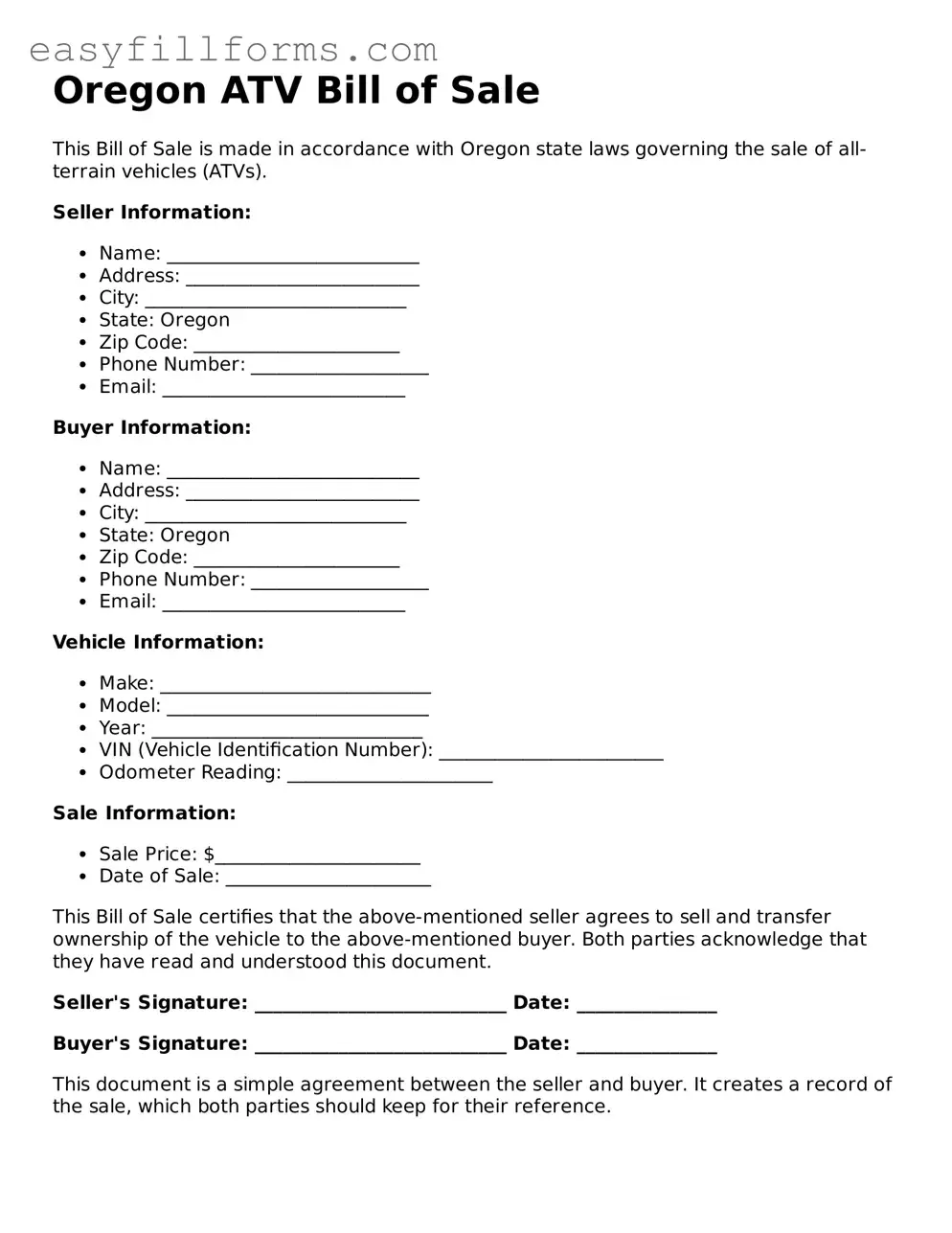 Valid  ATV Bill of Sale Template for Oregon
