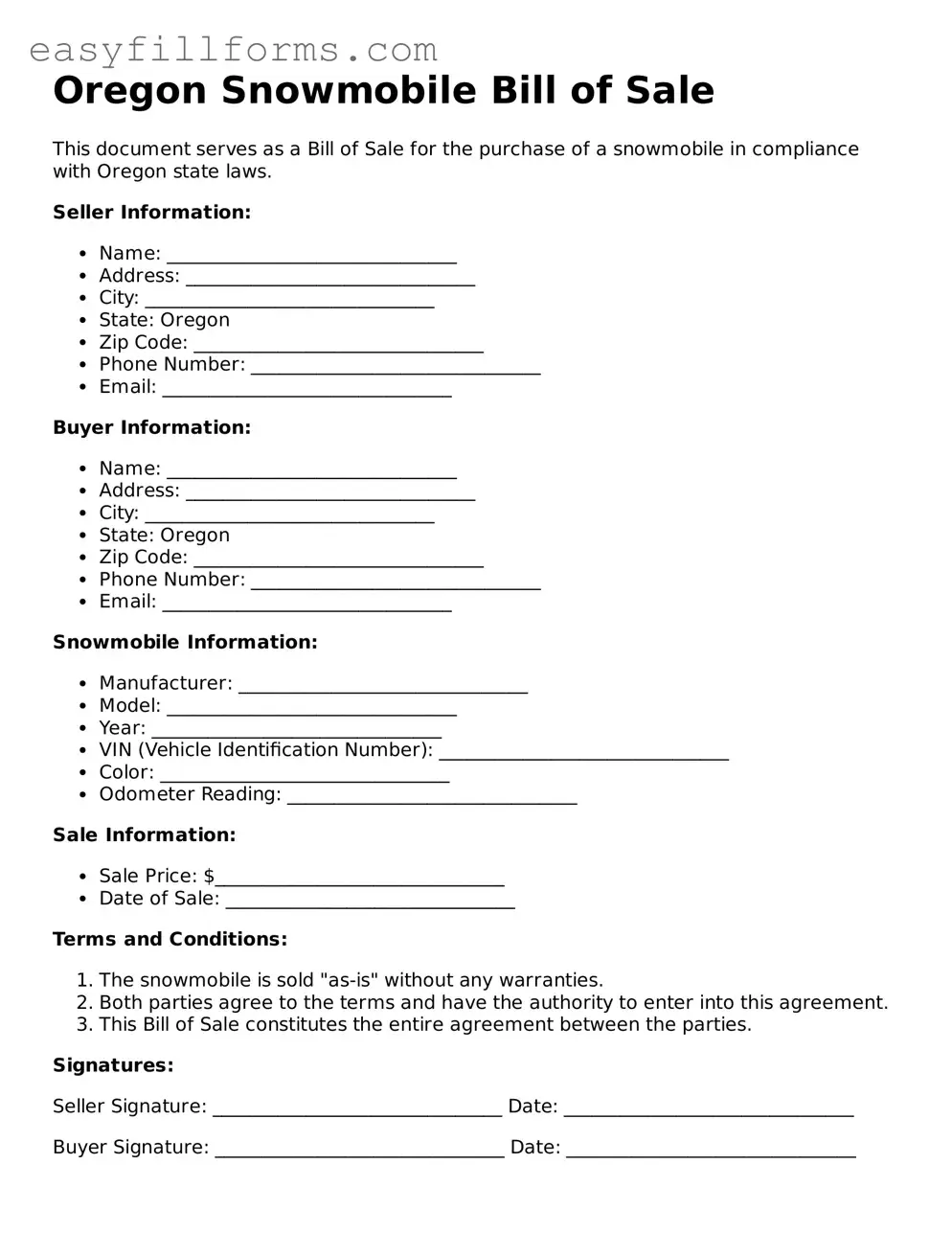Valid  Snowmobile Bill of Sale Template for Oregon