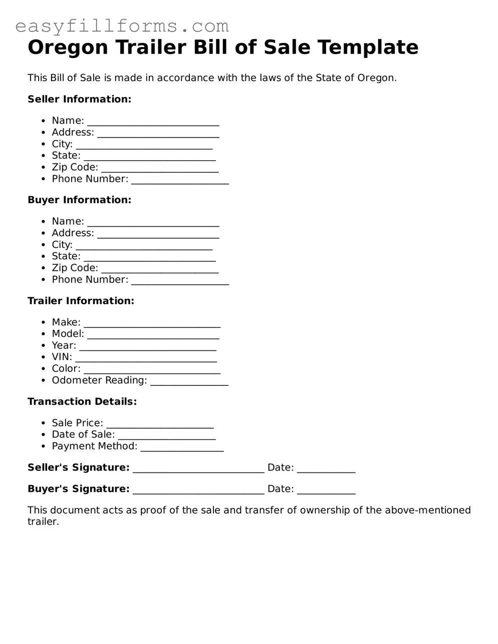 Valid  Trailer Bill of Sale Template for Oregon
