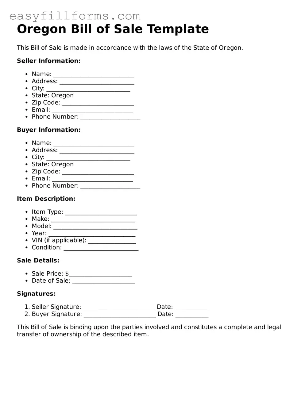 Valid  Bill of Sale Template for Oregon