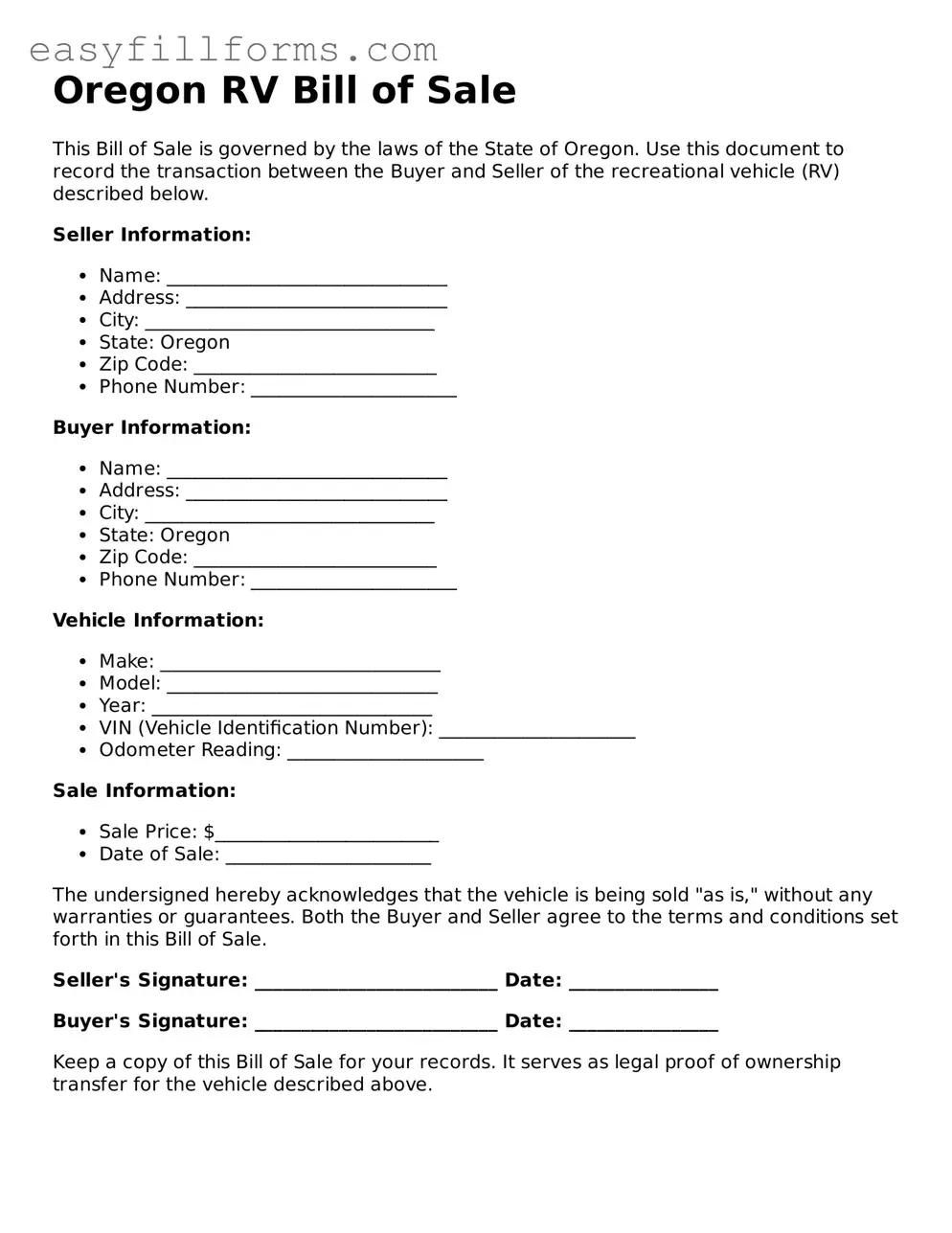 Valid  RV Bill of Sale Template for Oregon