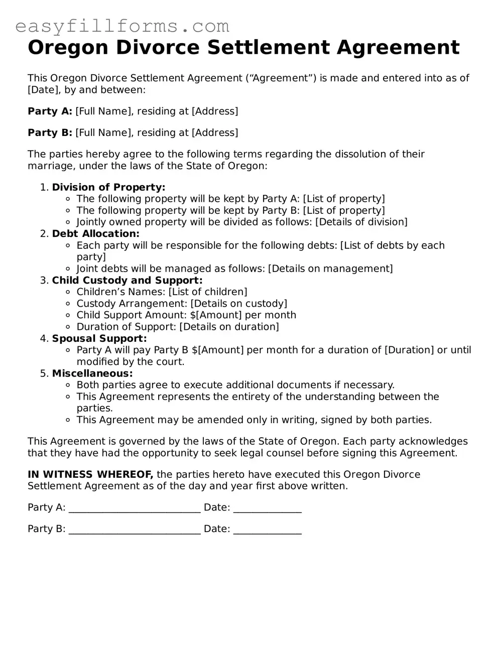 Valid  Divorce Settlement Agreement Template for Oregon