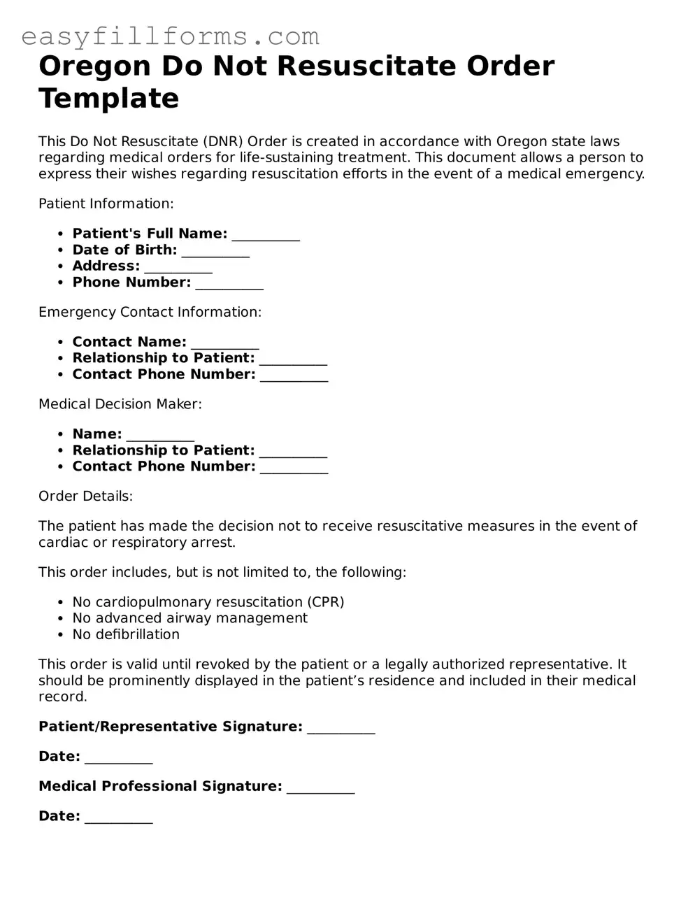 Valid  Do Not Resuscitate Order Template for Oregon