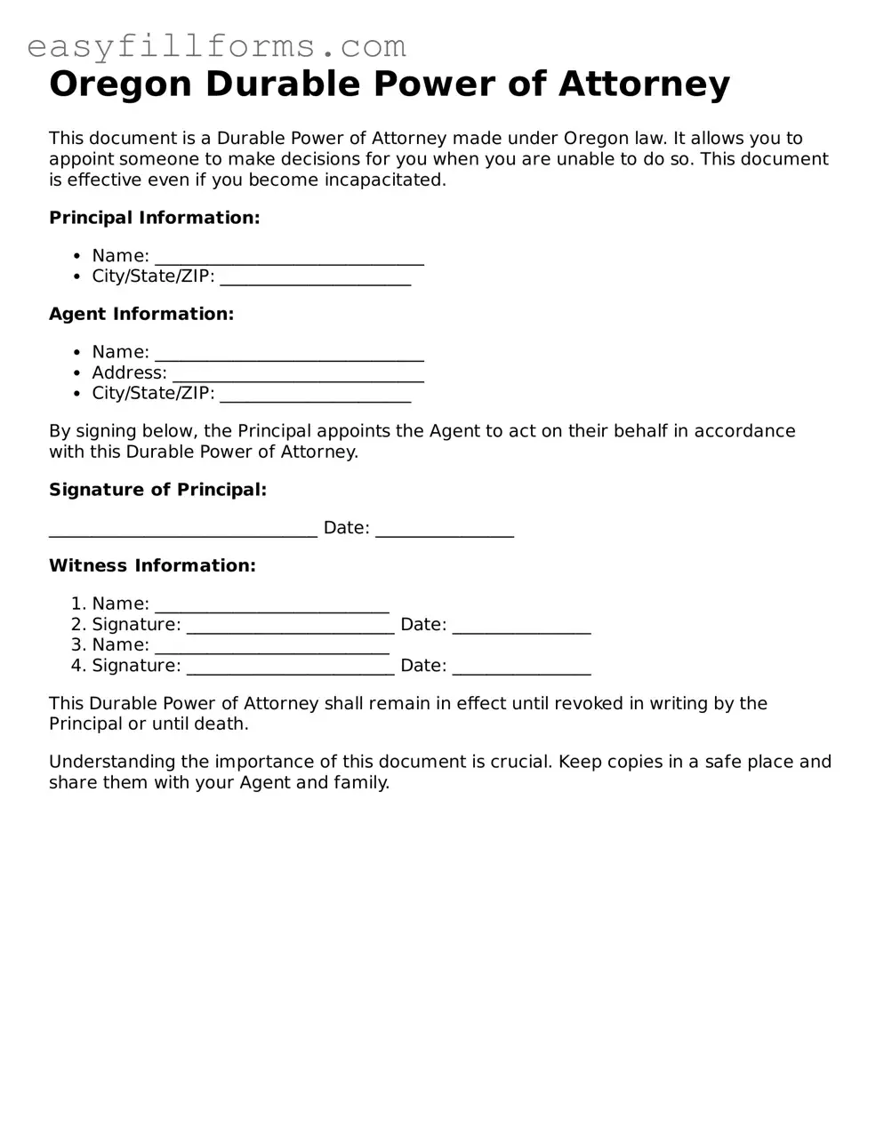 Valid  Durable Power of Attorney Template for Oregon