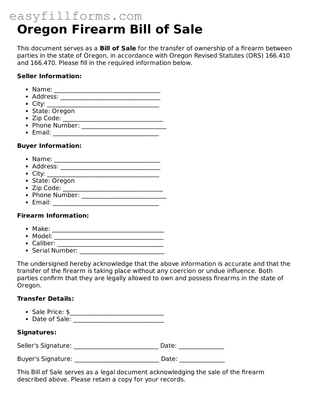 Valid  Firearm Bill of Sale Template for Oregon