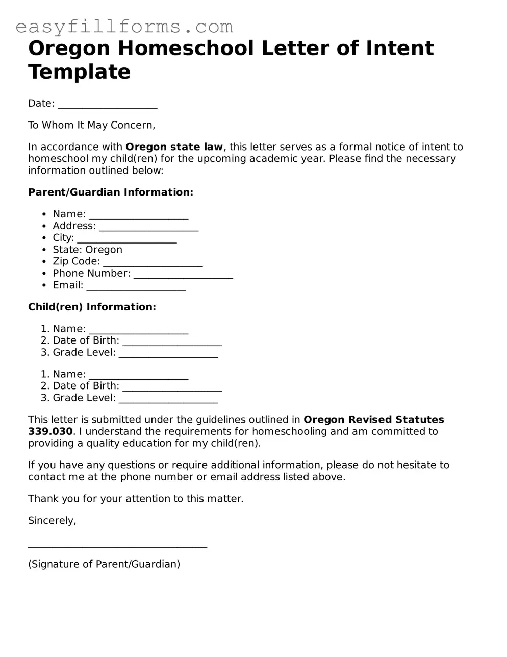 Valid  Homeschool Letter of Intent Template for Oregon