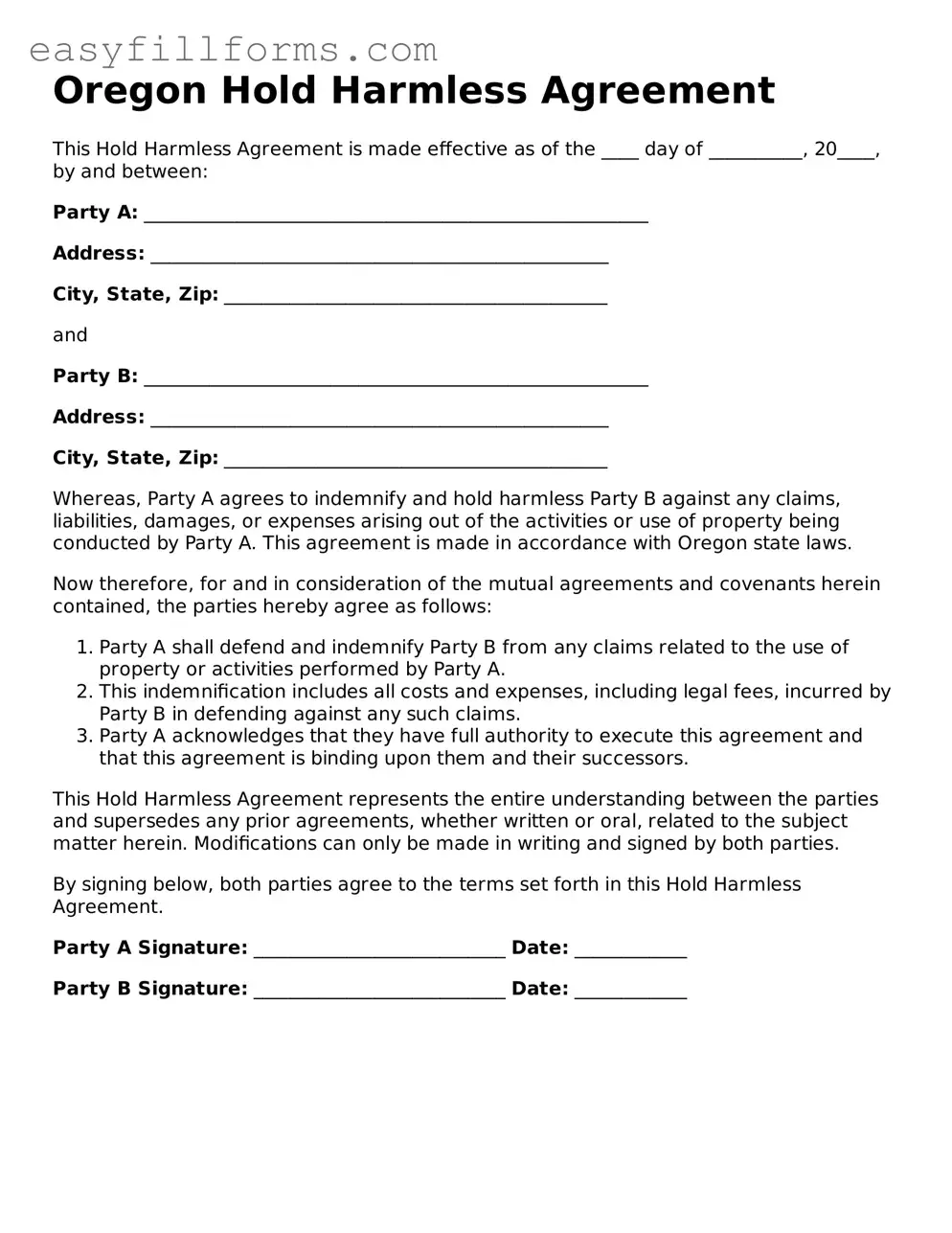 Valid  Hold Harmless Agreement Template for Oregon