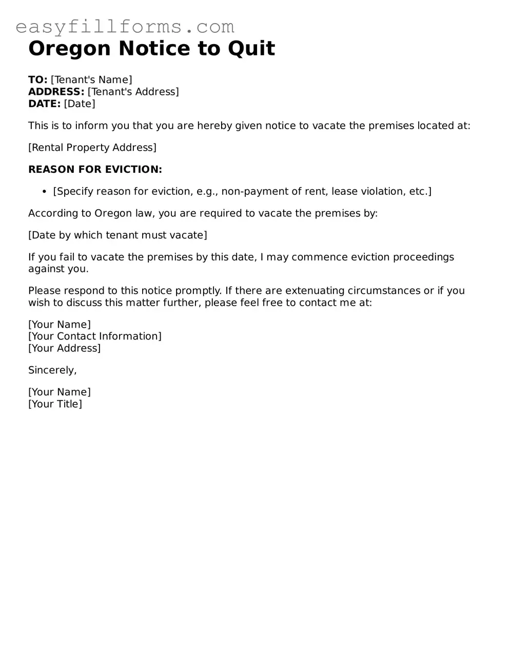 Valid  Notice to Quit Template for Oregon