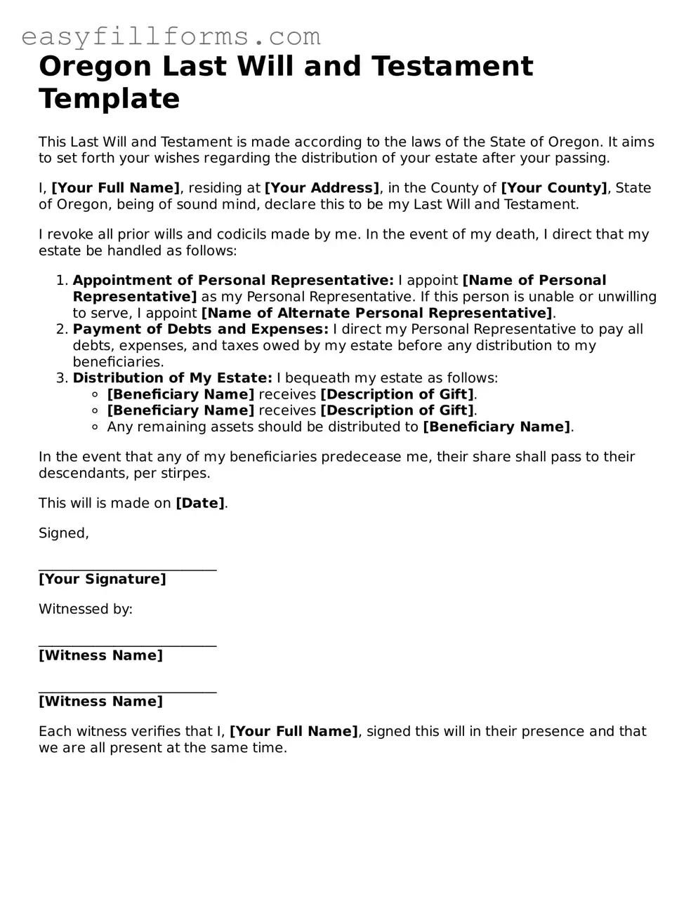 Valid  Last Will and Testament Template for Oregon