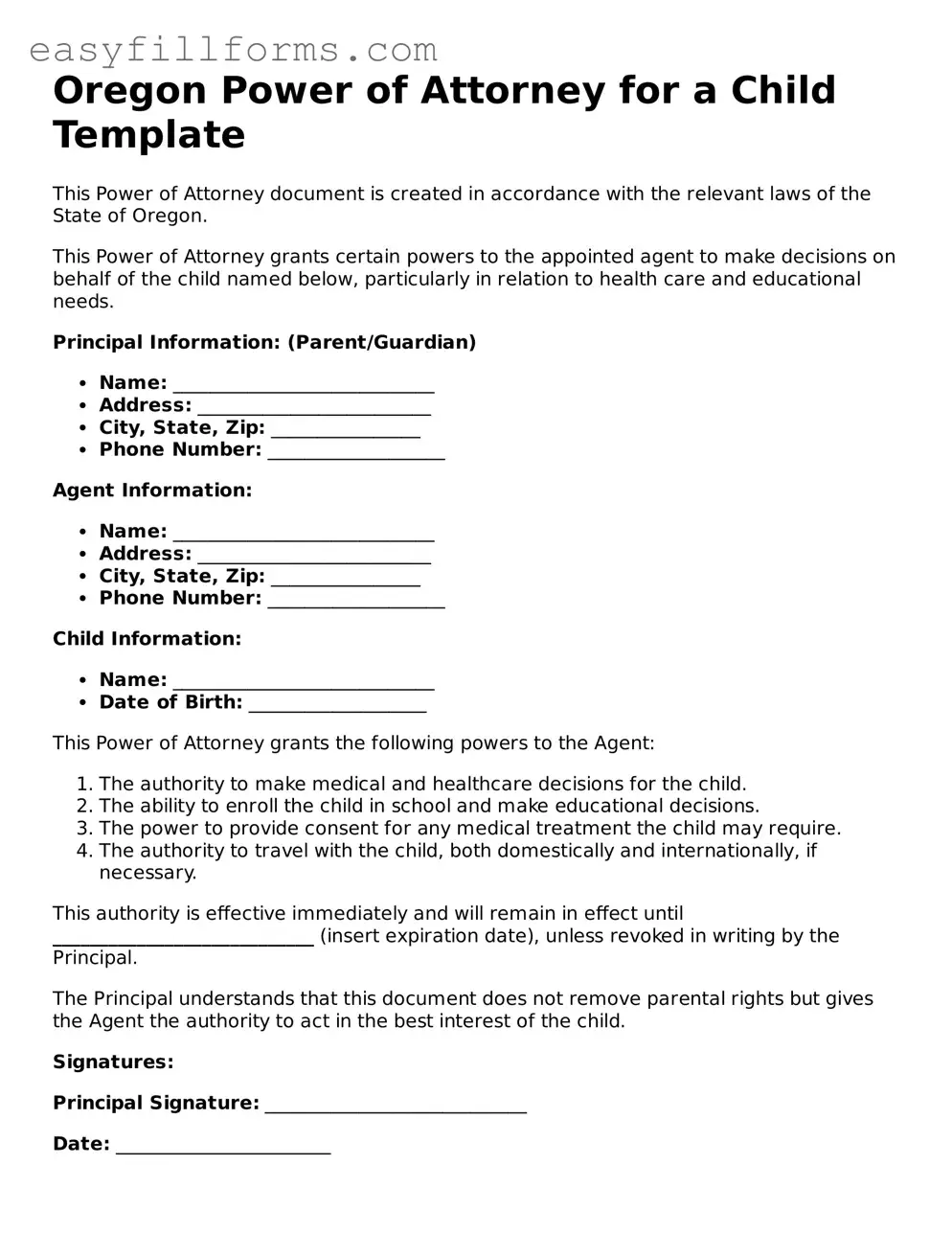 Valid  Power of Attorney for a Child Template for Oregon