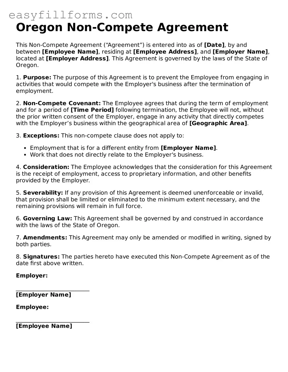Valid  Non-compete Agreement Template for Oregon