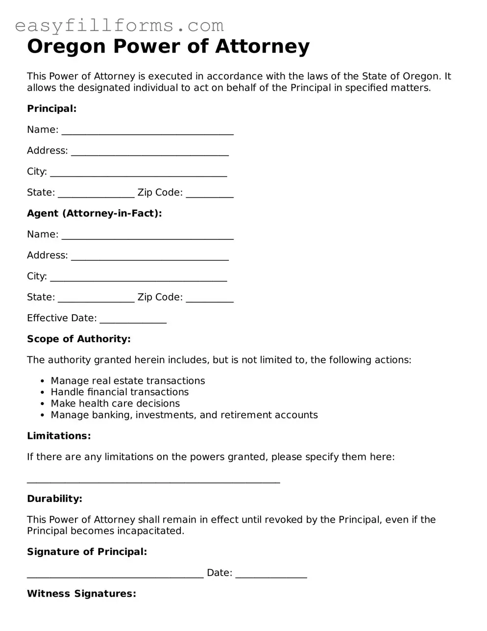 Valid  Power of Attorney Template for Oregon