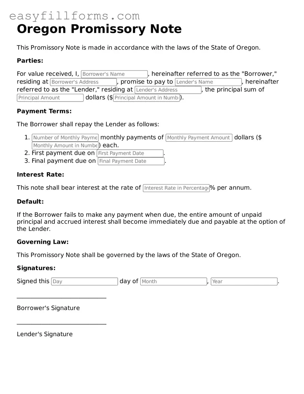 Valid  Promissory Note Template for Oregon