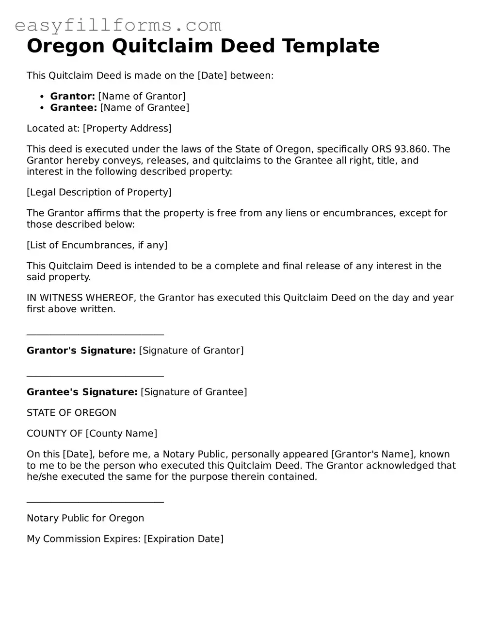 Valid  Quitclaim Deed Template for Oregon