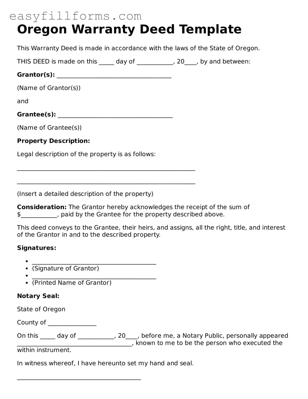 Valid  Deed Template for Oregon