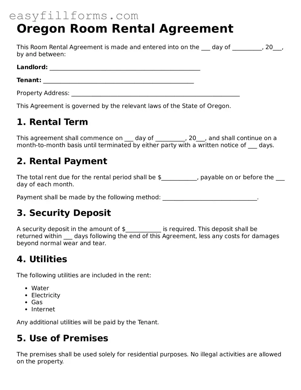 Valid  Room Rental Agreement Template for Oregon