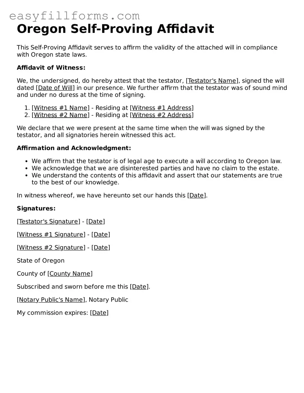 Valid  Self-Proving Affidavit Template for Oregon