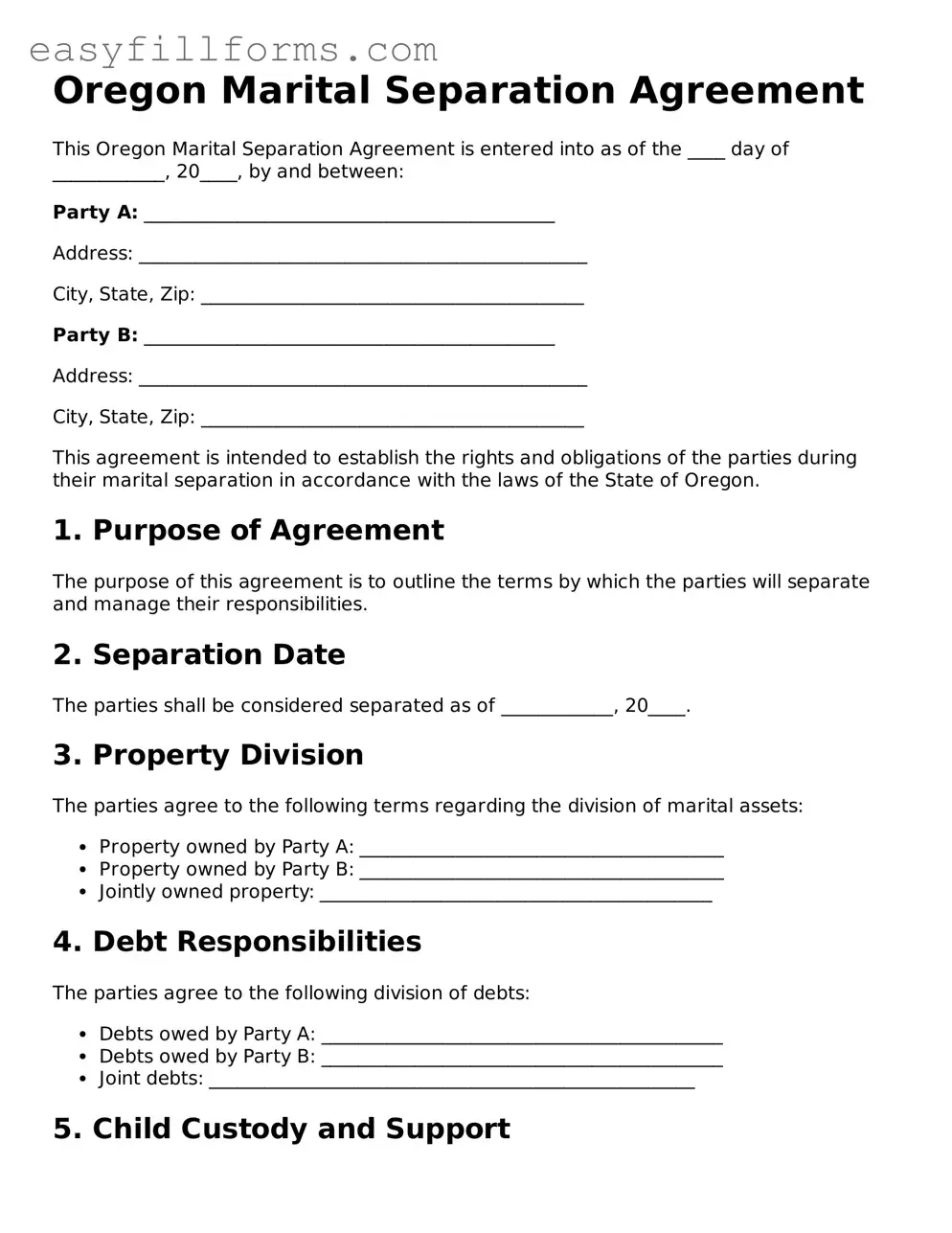 Valid  Marital Separation Agreement Template for Oregon