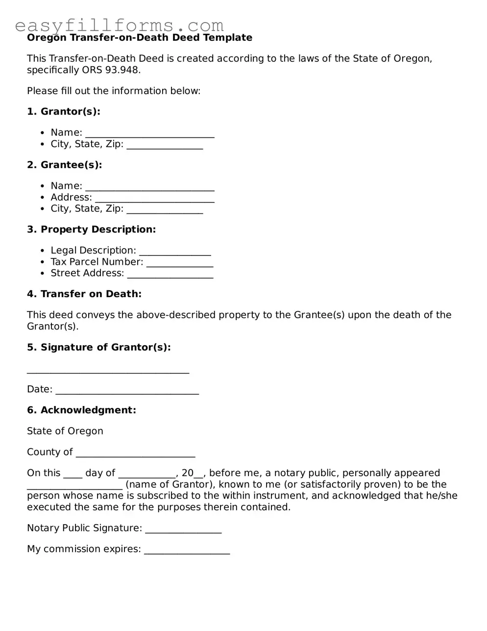 Valid  Transfer-on-Death Deed Template for Oregon