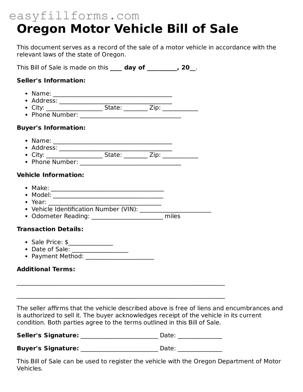 Valid  Motor Vehicle Bill of Sale Template for Oregon