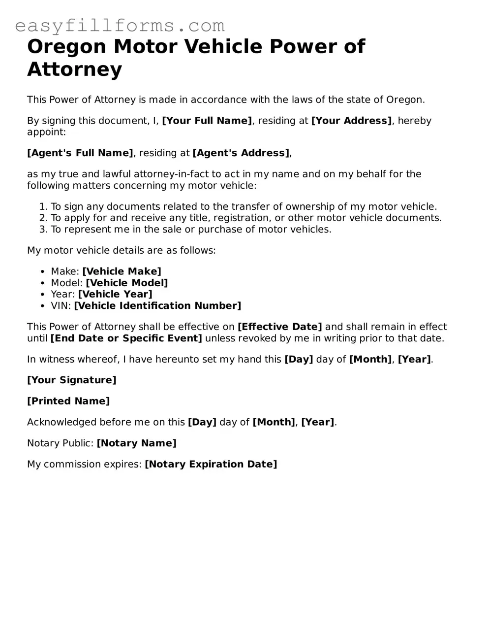 Valid  Motor Vehicle Power of Attorney Template for Oregon