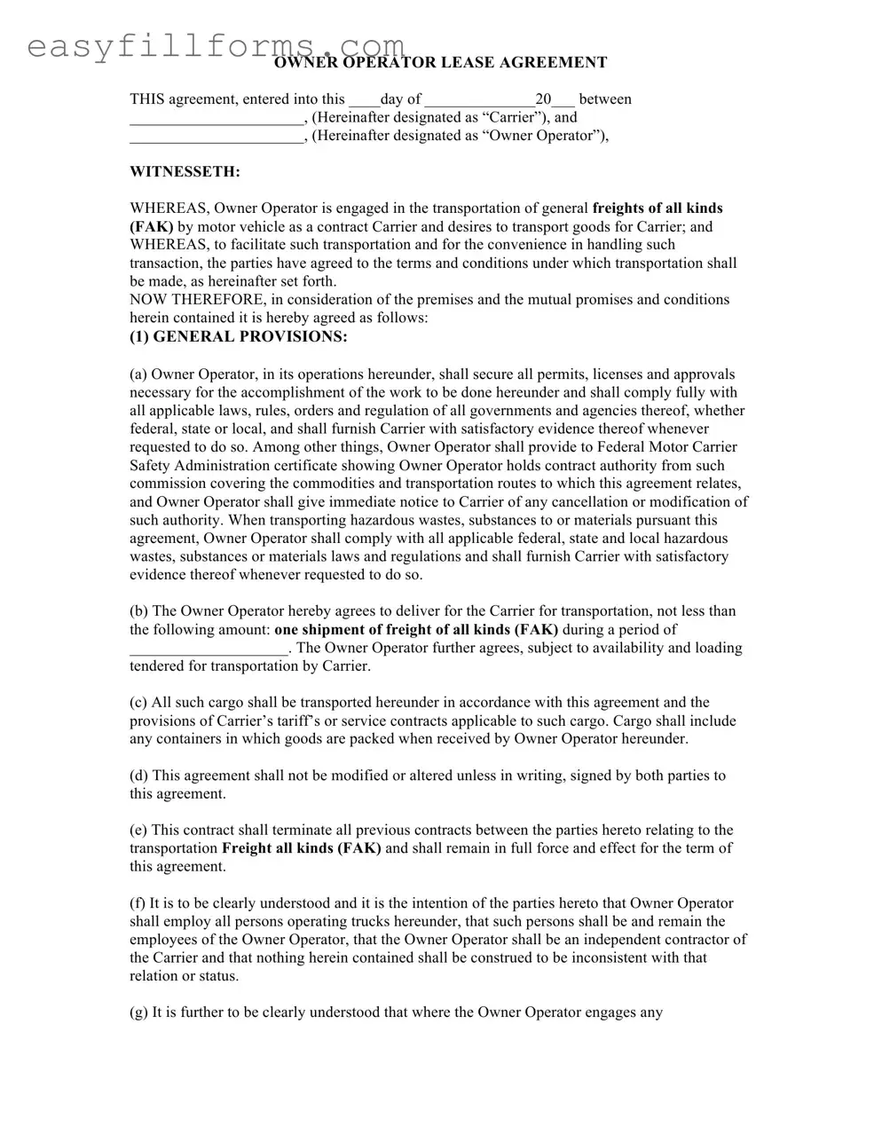 Printable Owner Operator Lease Agreement Form
