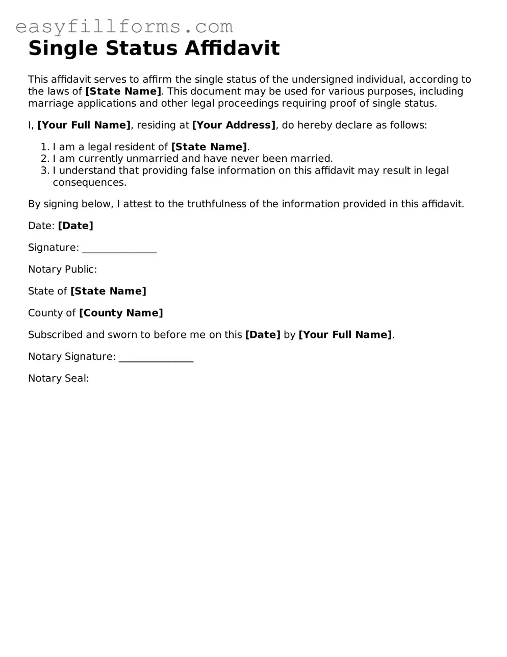 Attorney-Verified Single Status Affidavit Template