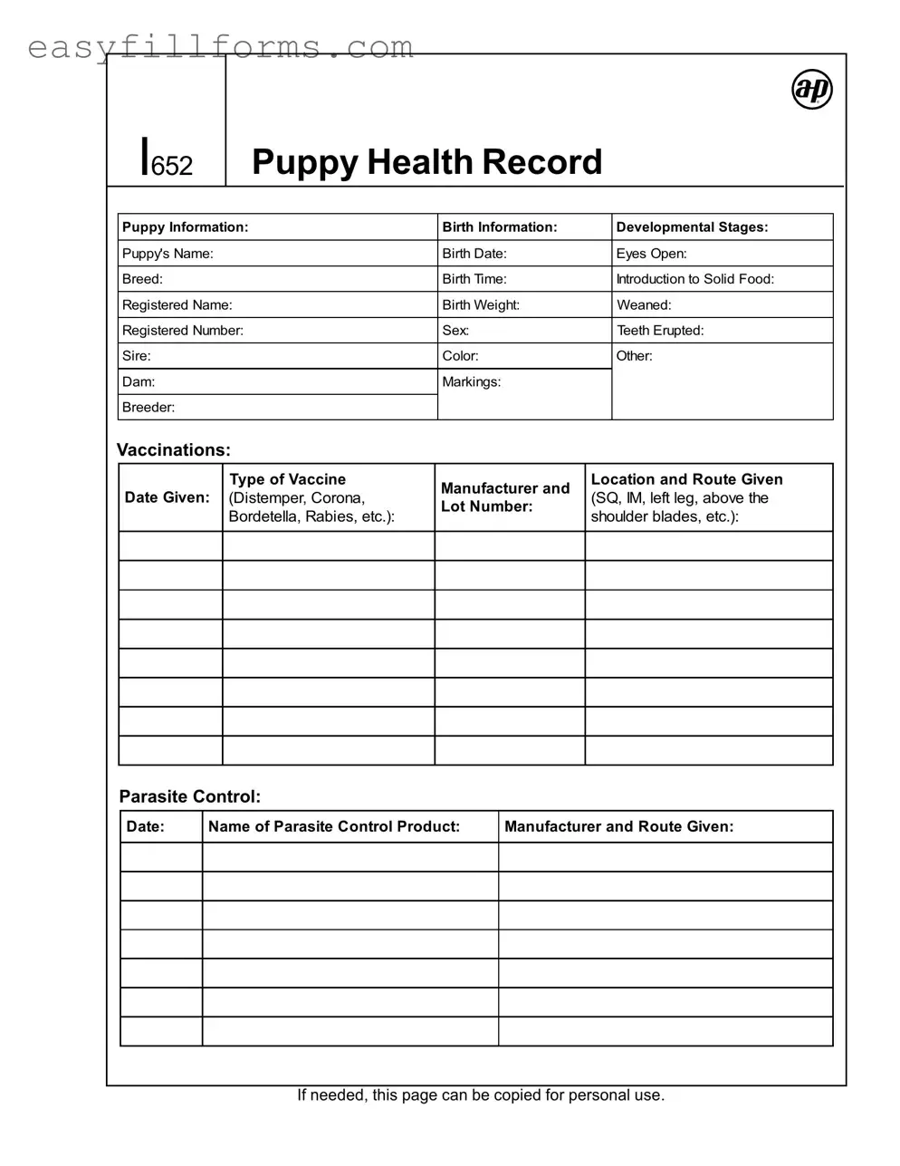 Printable Puppy Health Record Form