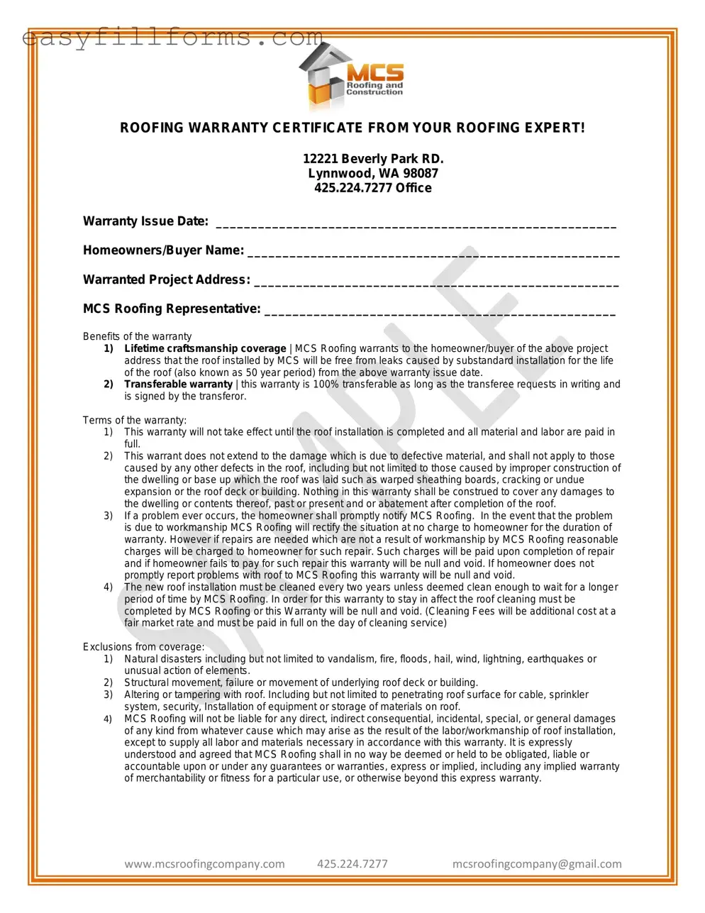 Printable Roofing Warranty Certificate Form