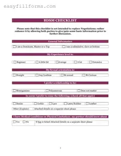 Printable Bdsm Checklist Form