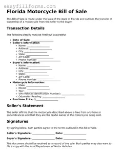 Valid  Motorcycle Bill of Sale Template for Florida