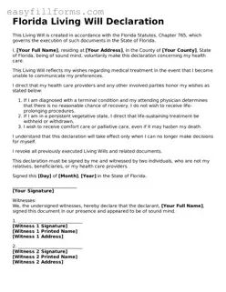 Valid  Living Will Template for Florida