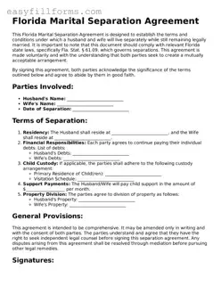 Valid  Marital Separation Agreement Template for Florida