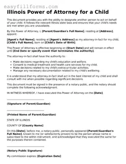 Valid  Power of Attorney for a Child Template for Illinois