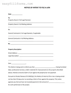 Printable Intent To Lien Florida Form