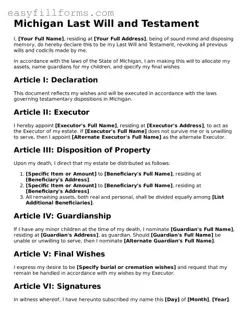 Valid  Last Will and Testament Template for Michigan