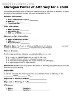 Valid  Power of Attorney for a Child Template for Michigan