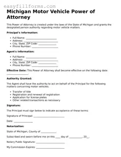 Valid  Motor Vehicle Power of Attorney Template for Michigan