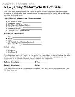 Valid  Motorcycle Bill of Sale Template for New Jersey