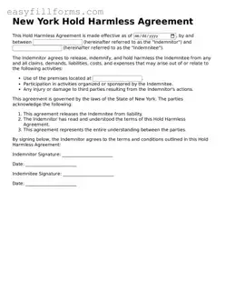 Valid  Hold Harmless Agreement Template for New York