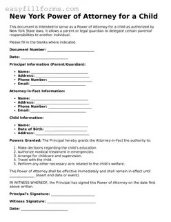 Valid  Power of Attorney for a Child Template for New York