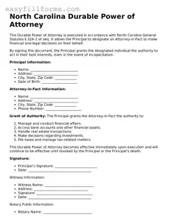 Valid  Durable Power of Attorney Template for North Carolina